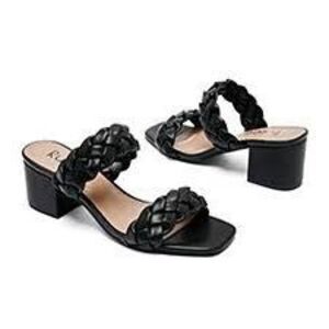 Womens Mid Heel Square Toe Chunky Block black sandals 9.5